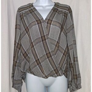 Max Studio Top Women's S Black Gold Plaid Long Sleeve Lightweight High Low Waist
